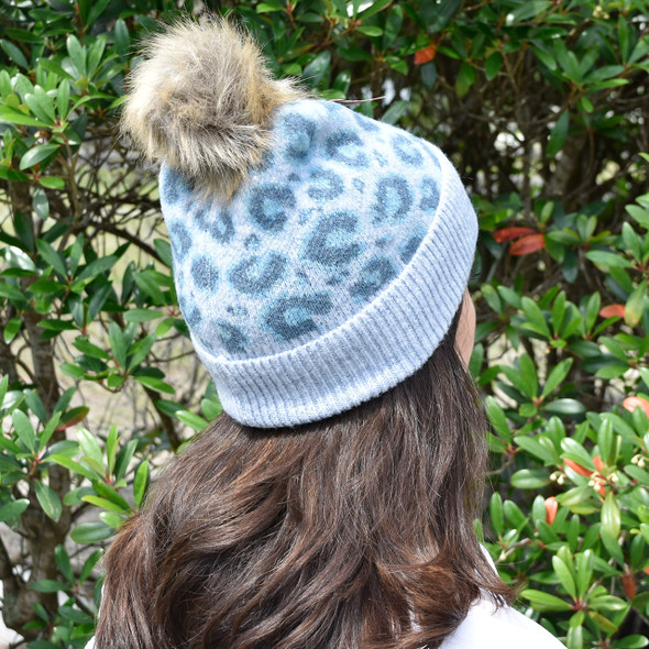 Blue Leopard Pom Beanie Blue Leopard Pom Beanie