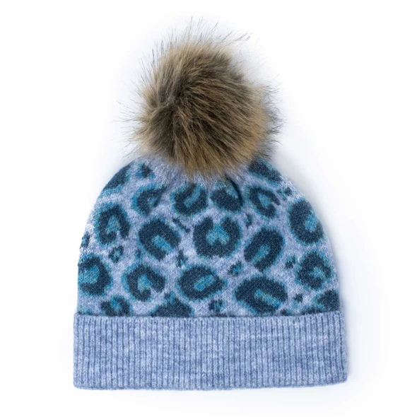 Blue Leopard Pom Beanie