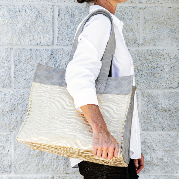 Carson Tote Bag- Metallic Gold Stripes - Vegan Leather - Embroidered Carson Tote Bag- Metallic Gold Stripes - Vegan Leather - Embroidered