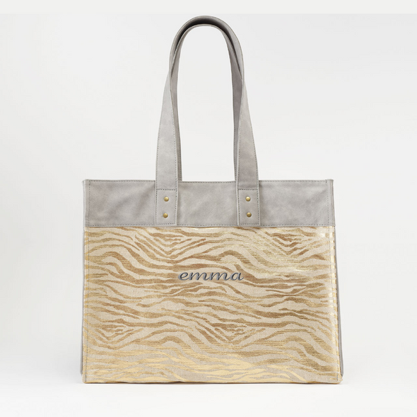 Carson Tote Bag- Metallic Gold Stripes - Vegan Leather - Embroidered Carson Tote Bag- Metallic Gold Stripes - Vegan Leather - Embroidered