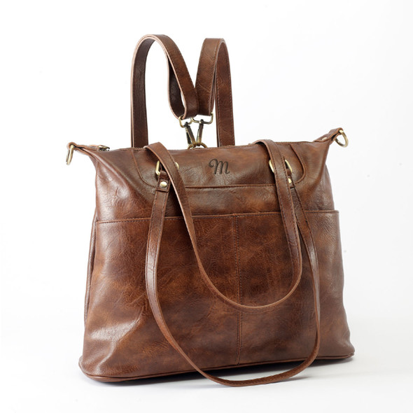 London Convertible Tote- Brown - Vegan Leather - Embroidered London Convertible Tote- Brown - Vegan Leather - Embroidered