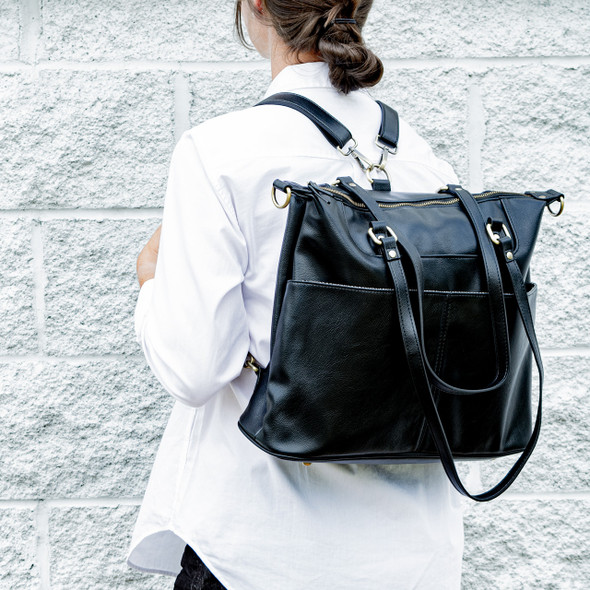 London Convertible Tote- Midnight - Vegan Leather - Embroidered London Convertible Tote- Midnight - Vegan Leather - Embroidered