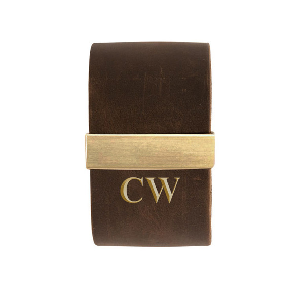 Brown Genuine Leather Cuff Bar Bracelet - Stamped Brown Genuine Leather Cuff Bar Bracelet - Stamped