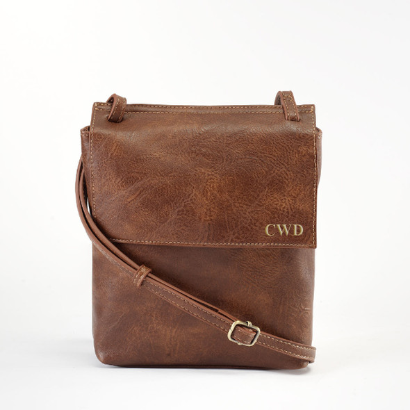 Brown Front Flap Crossbody - Vegan Leather - Stamped Brown Front Flap Crossbody - Vegan Leather - Stamped