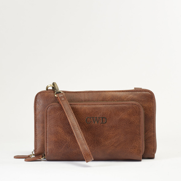 Wren Convertible Wristlet-Brown - Vegan Leather - Embroidered Wren Convertible Wristlet-Brown - Vegan Leather - Embroidered