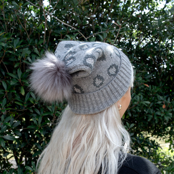 Gray Leopard Pom Beanie - Embroidered Gray Leopard Pom Beanie - Embroidered