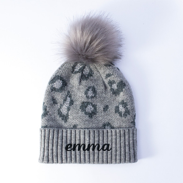 Gray Leopard Pom Beanie - Embroidered Gray Leopard Pom Beanie - Embroidered