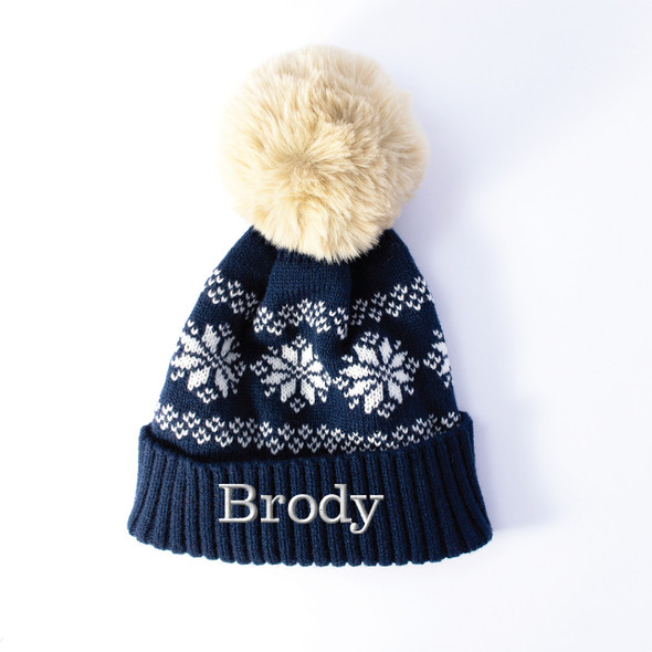 Nordic Snowflakes Pom Beanie-Navy - Embroidered Nordic Snowflakes Pom Beanie-Navy - Embroidered