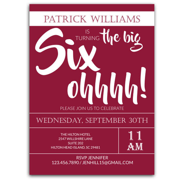 Big Six Ohhh Party Invitation