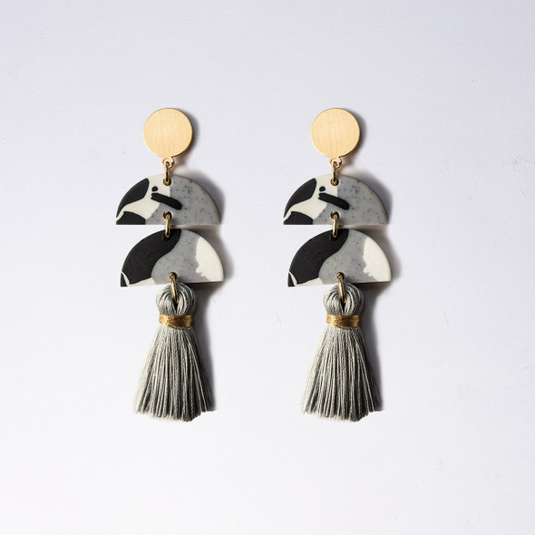 Double Semi-Circle Clay Tassel Earrings- Greys Double Semi-Circle Clay Tassel Earrings- Greys