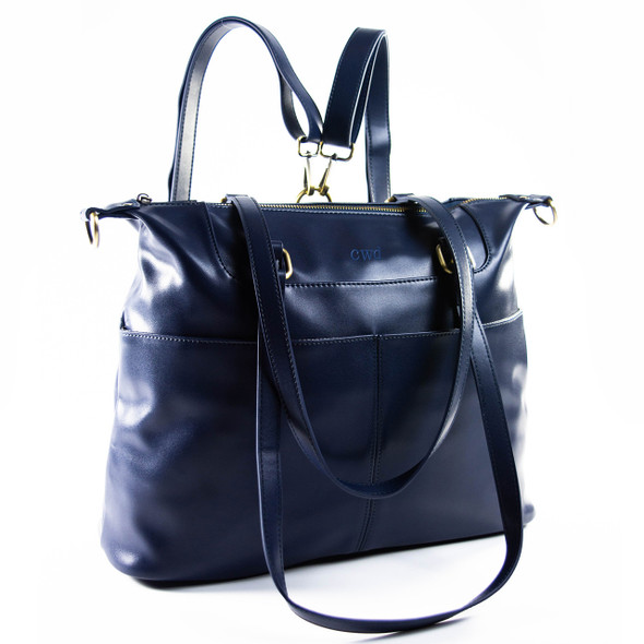 London Convertible Tote- Navy - Vegan Leather - Embroidered London Convertible Tote- Navy - Vegan Leather - Embroidered