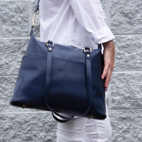 London Convertible Tote- Navy - Vegan Leather - Stamped London Convertible Tote- Navy - Vegan Leather - Stamped