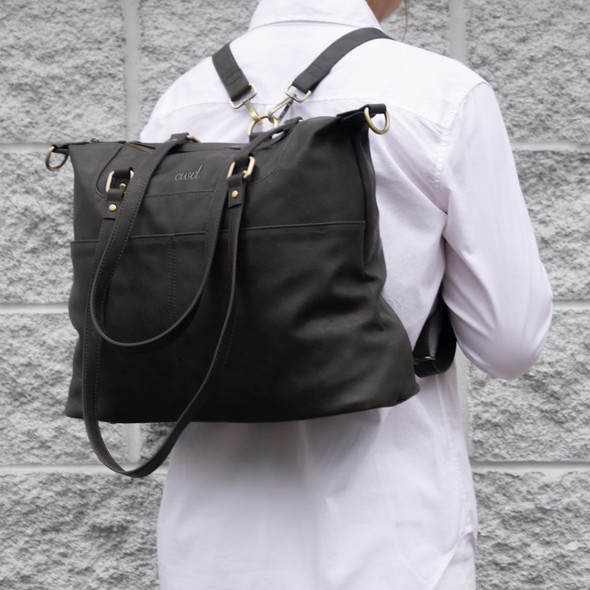 London Convertible Tote- Dark Gray - Vegan Leather - Embroidered London Convertible Tote- Dark Gray - Vegan Leather - Embroidered
