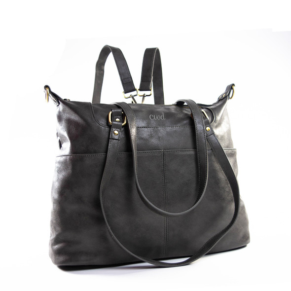 London Convertible Tote- Dark Gray - Vegan Leather - Embroidered London Convertible Tote- Dark Gray - Vegan Leather - Embroidered
