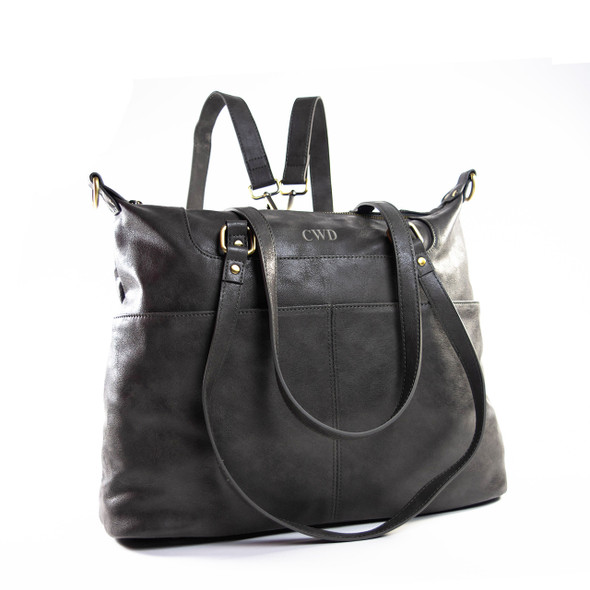 London Convertible Tote- Dark Gray - Vegan Leather - Stamped London Convertible Tote- Dark Gray - Vegan Leather - Stamped