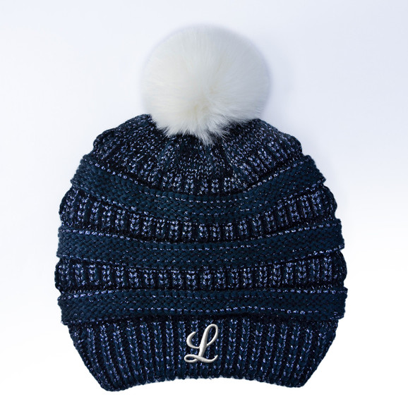 Metallic Navy Pom Beanie - Embroidered Metallic Navy Pom Beanie - Embroidered