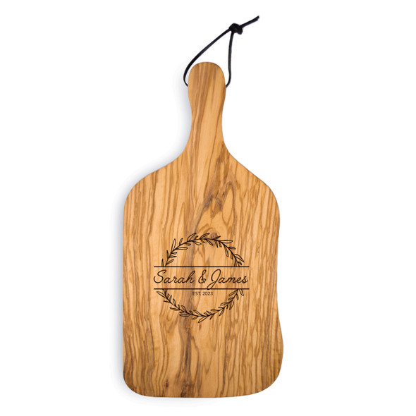 Olive Wood Paddle Board- Engraved Wreath Olive Wood Paddle Board- Engraved Wreath