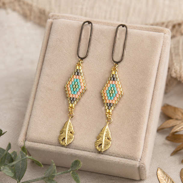 Aztec & Gold Leaves Drop Earrings