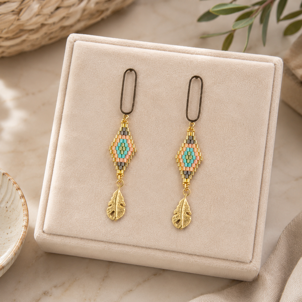 Aztec & Gold Leaves Drop Earrings