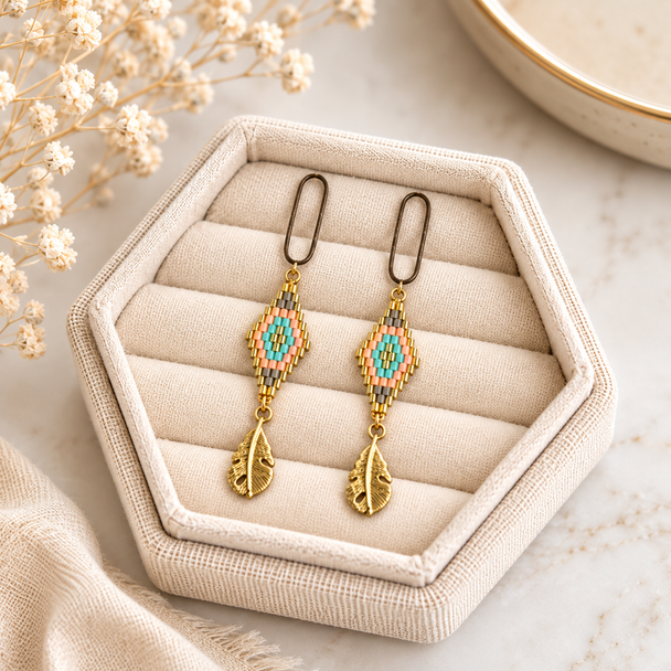 Aztec & Gold Leaves Drop Earrings