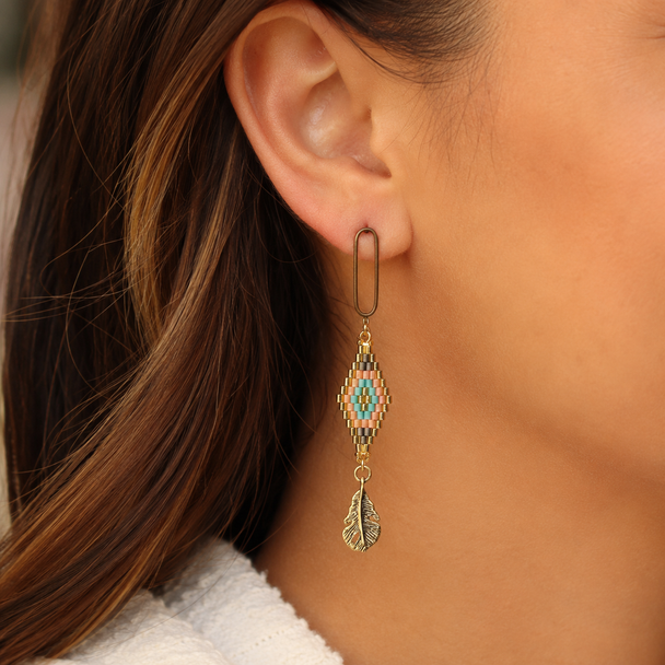 Aztec & Gold Leaves Drop Earrings
