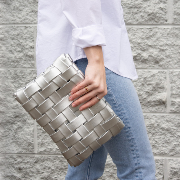 Monroe Woven Clutch/Crossbody- Silver - Vegan Leather