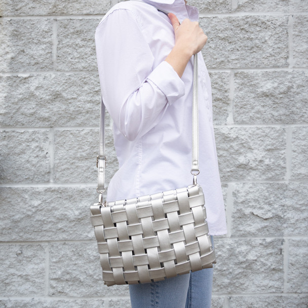 Monroe Woven Clutch/Crossbody- Silver - Vegan Leather
