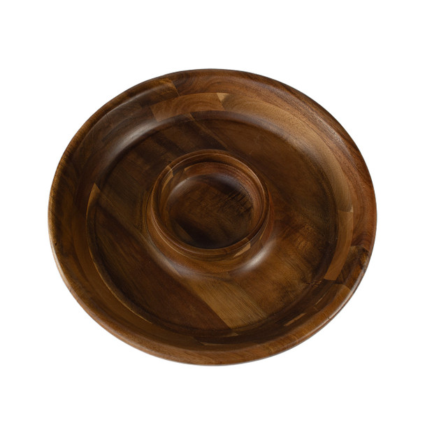 A direct overhead view of the empty chip and dip serving platter, clearly showing the beautiful and unique pattern of the end-grain acacia wood.