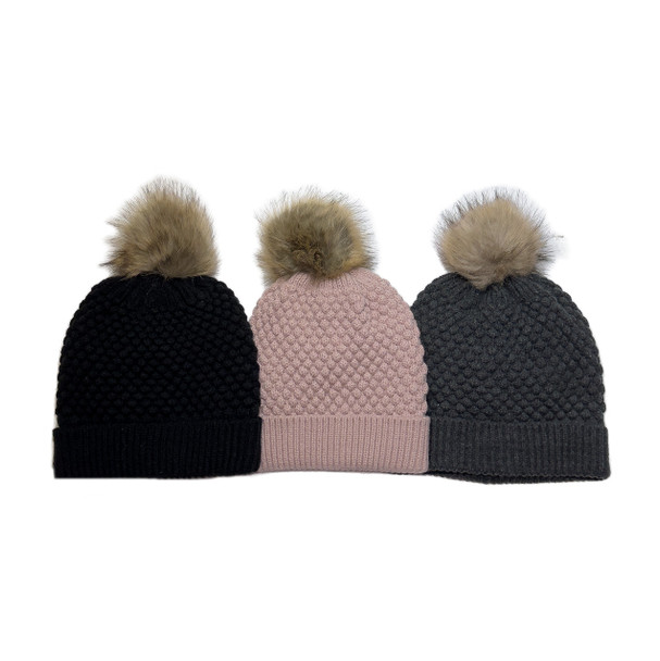 Dark Gray Bubble Knit Pom Beanie