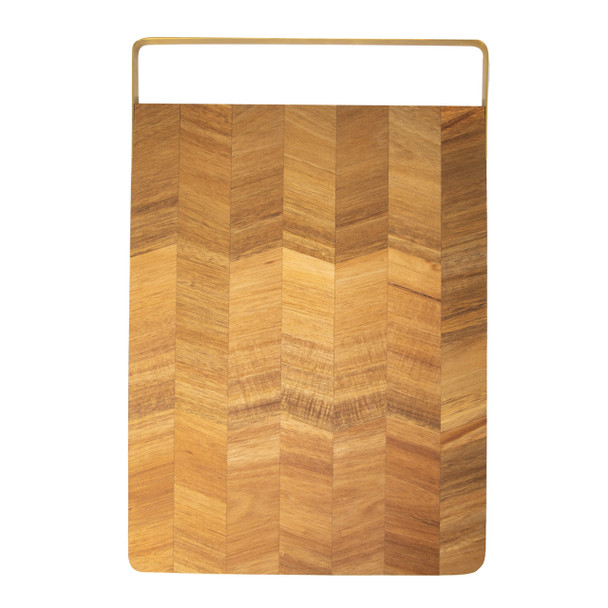 A beautiful top-down shot of the cutting board, clearly showcasing the eye-catching chevron pattern created by the warm, rich tones of the end-grain acacia wood.