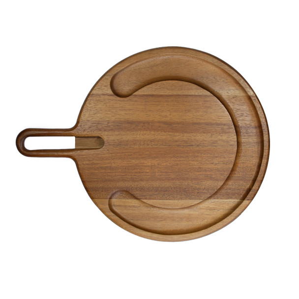 A simple top-down view of the empty round acacia cheeseboard, highlighting the rich wood grain and the milled groove along the edge.