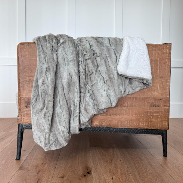 Grey Lynx Hooded Faux Fur & Sherpa Throw - Embroidered