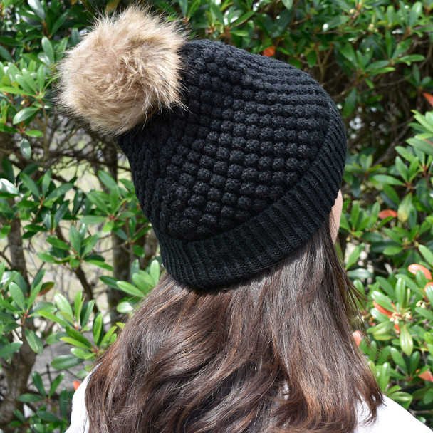 Midnight Bubble Knit Pom Beanie - Embroidered