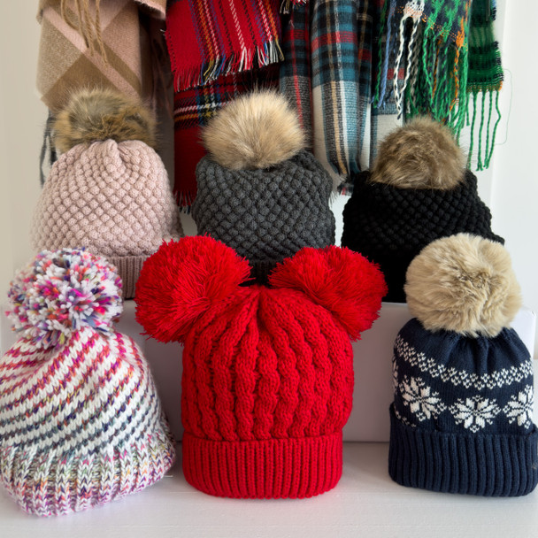 Blush Bubble Knit Pom Beanie - Embroidered