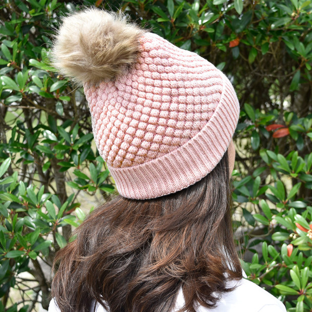 Blush Bubble Knit Pom Beanie - Embroidered