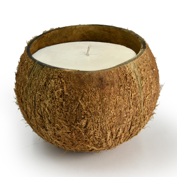 The unlit Coconut Shell Candle is displayed against a plain white background, highlighting its natural, rustic texture.