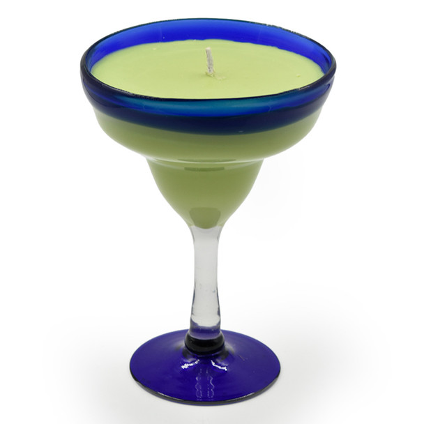 A clear, isolated product shot of the unlit cocktail candle in its signature blue and green margarita glass against a plain white background.