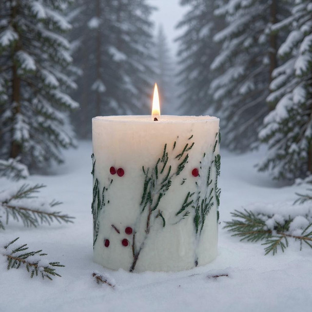 Large white inclusion pillar candle with balsam fir sprigs and red berries, burning on a clear glass tray in a snowy forest scene