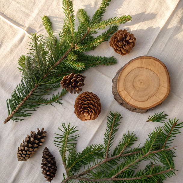 The complete three-piece home fragrance set is artfully styled with natural elements like pinecones and evergreen sprigs on a rustic wooden background.
