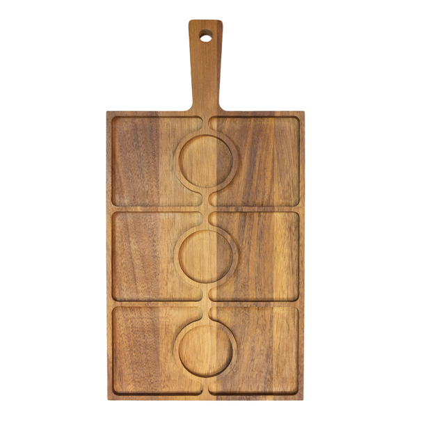 Flat reversible side of acacia board showing rich wood grain and handle