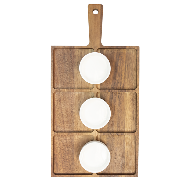 Serving board with three integrated circular ramekin wells, empty, with hanging handle