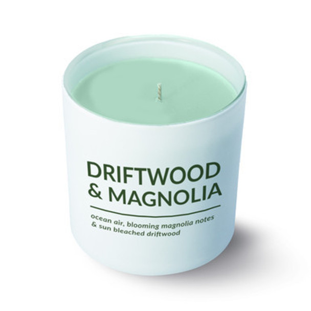A clear, isolated product shot of the unlit Driftwood & Magnolia candle in its matte white glass jar against a plain white background. A clear, isolated product shot of the unlit Driftwood & Magnolia candle in its matte white glass jar against a plain white background.