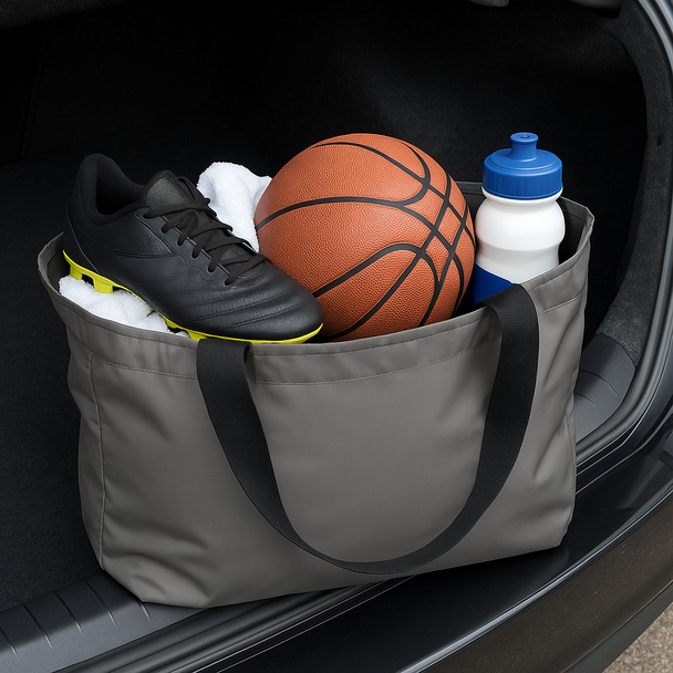 The large, 21-liter tote is shown being used as a car organizer, sitting on the passenger seat and filled with a basketball, water bottle, and other essentials.