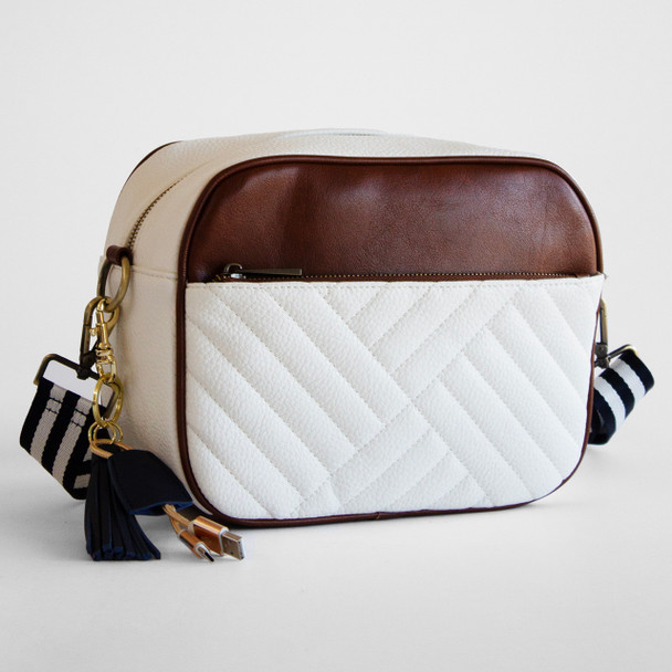 Commuter Crossbody Bag- White/Brown - Stamped
