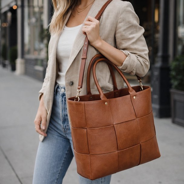 Emory Woven Tote - Brown -Stamped