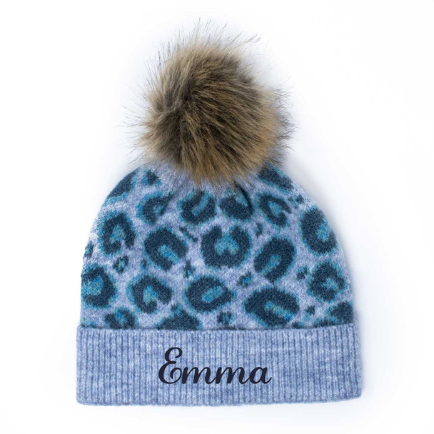 Blue Leopard Pom Beanie - Embroidered Blue Leopard Pom Beanie - Embroidered