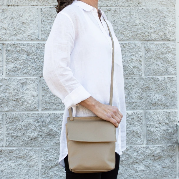 Khaki Front Flap Crossbody - Vegan Leather
