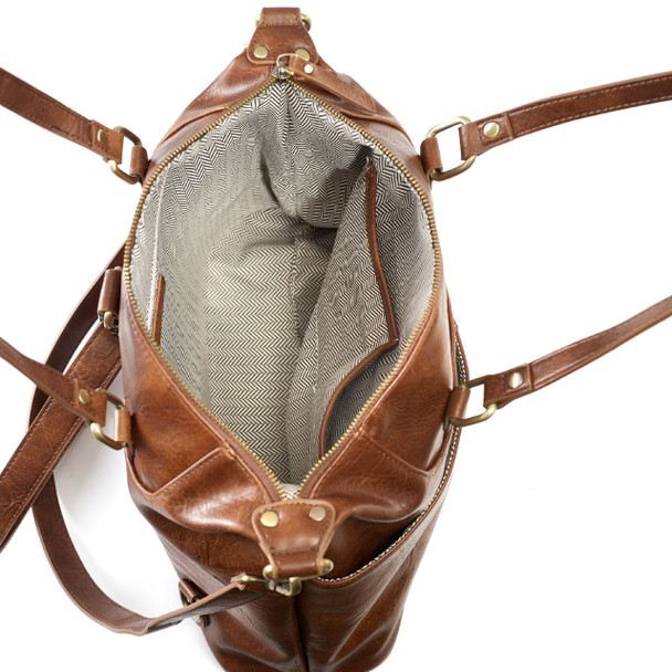 London Convertible Tote- Brown - Vegan Leather - Embroidered