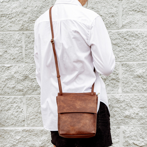 Brown Front Flap Crossbody - Vegan Leather - Stamped