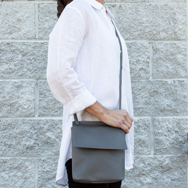 Dk Gray Front Flap Crossbody - Vegan Leather - Stamped